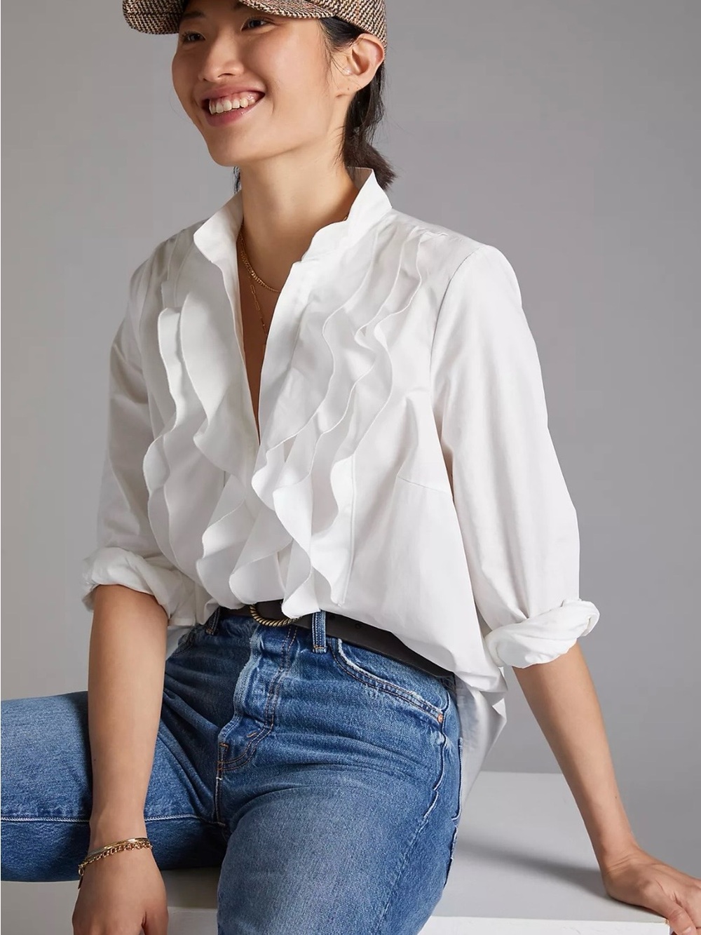 Mare Mare x Anthropologie White Ruffle-Front Button Down Shirt, Long Sleeve, S